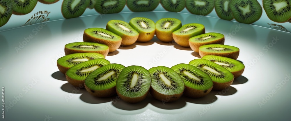 Poster sliced kiwifruits arranged in a circular pattern on a reflective surface with soft lighting illumina