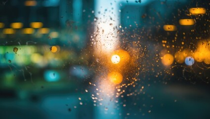 Fototapeta premium Abstract defocused bokeh lights illuminated through dirty building glass in an urban setting, creating a moody atmospheric background.