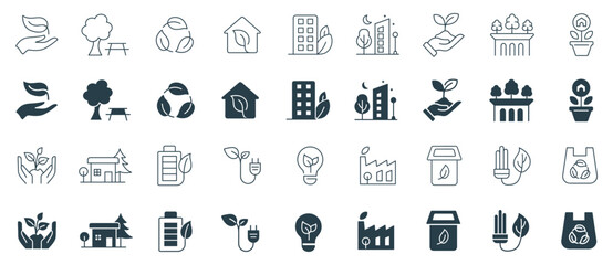 Set of Ecology and Sustainability Icons. Solid and Outline Symbols of Renewable Energy, Recycling, Nature Conservation, Eco-Friendly Living, and Environmental Protection