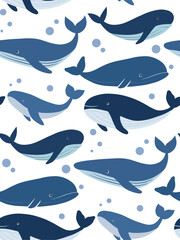 Naklejka premium Vector flat seamless pattern with blue hand drawn whales with bubbles on white background. Background with fish in childish style for wallpaper and fabric