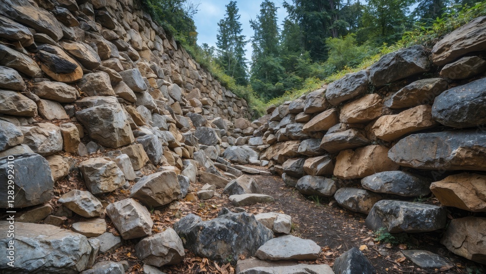 Poster rocky pathway between stone walls surrounded by trees in a forest setting with uneven terrain and na