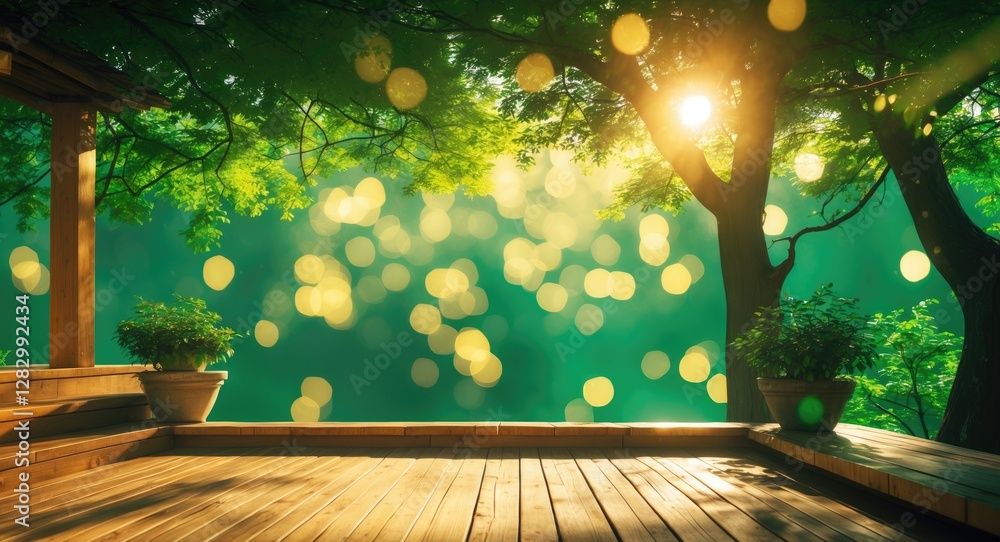 Aufkleber serene wood terrace with abstract bokeh sunlight filtering through lush green trees creating a tranq