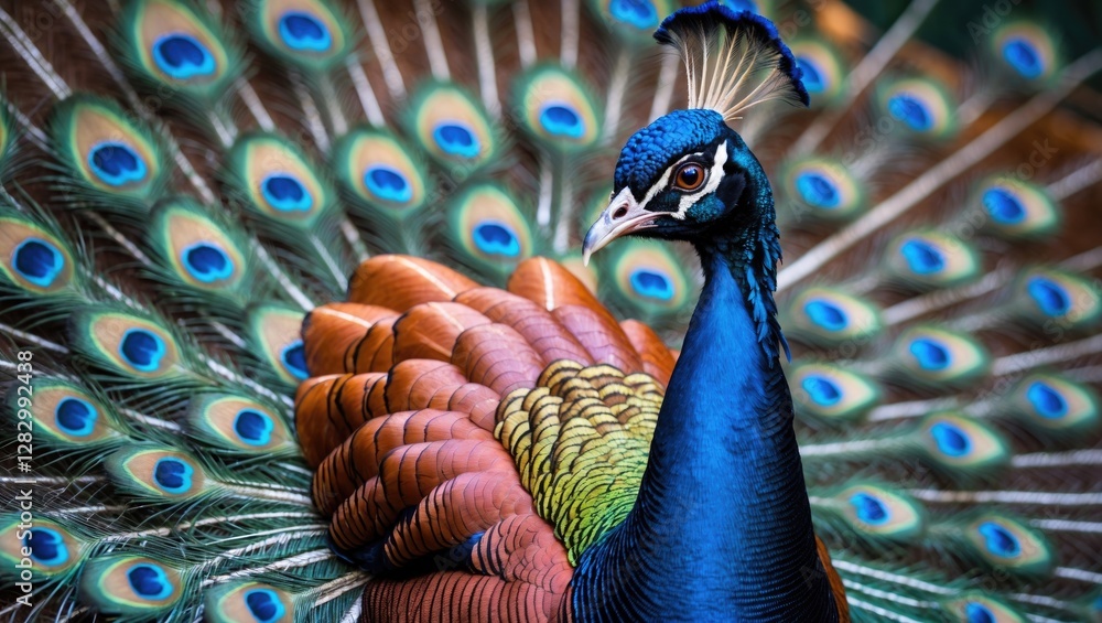 Poster close-up portrait of a peacock showcasing vibrant feathers with rich colors and intricate patterns i