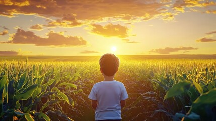 Child gazing at sunset over cornfield rural landscape nature scene peaceful atmosphere inspirational view