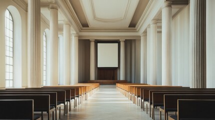 Fototapeta premium A legislative hall with minimalistic design and tall columns. Featuring authority and simplicity