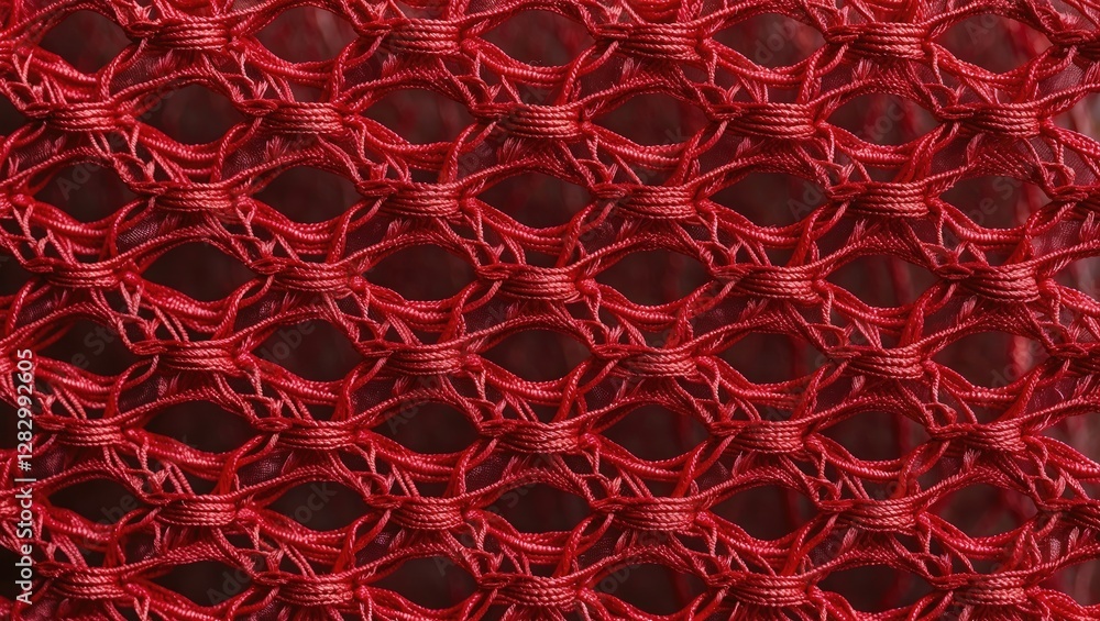 Poster red woven mesh textile close-up showing intricate interlacing patterns and textures ideal for textil
