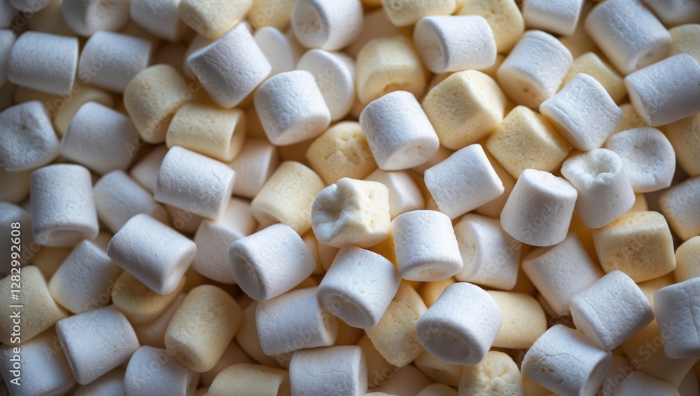 Poster variety of mini marshmallows in different colors and shapes arranged in a colorful background creati