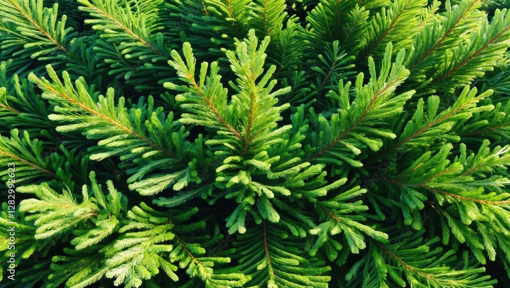 Poster lush green branches of an evergreen tree creating an abstract background illuminated by sunlight sho