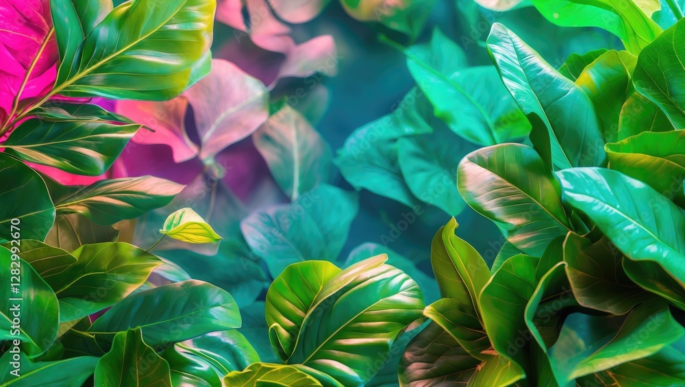 Aufkleber vibrant abstract background featuring lush green leaves with colorful light effects creating a seren
