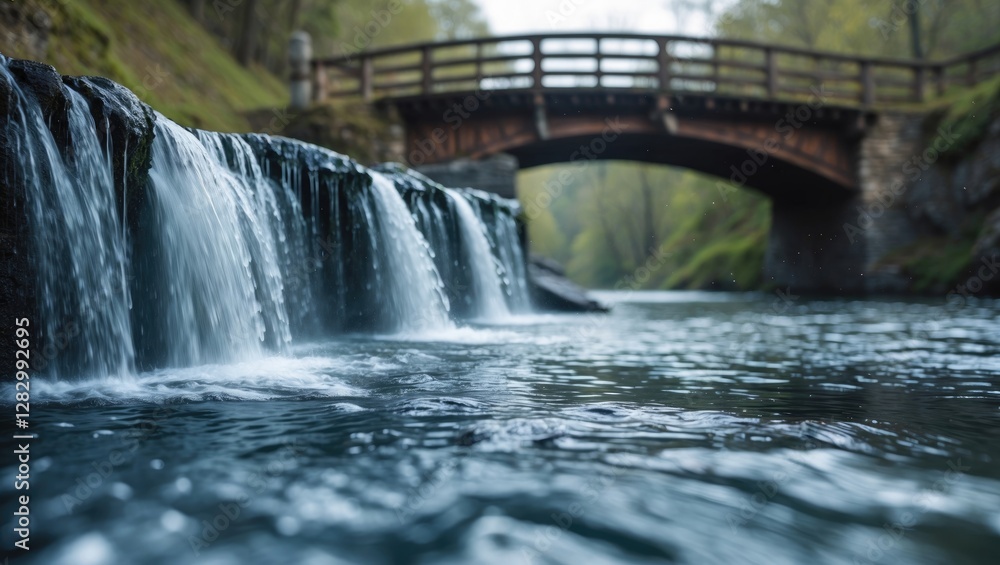 Aufkleber waterfall flowing under a wooden bridge in a serene forest setting with soft lighting and lush green