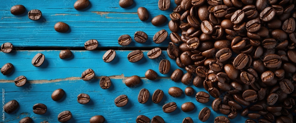 Poster coffee beans scattered on a rustic blue wooden surface with a larger pile in the corner creating a t