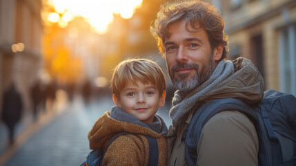 Obraz premium Father and son share a joyful moment on a city street during sunset in autumn