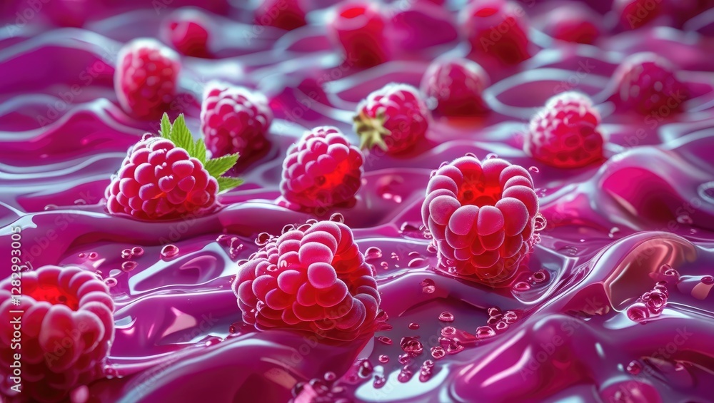 Poster ripe raspberries floating in glossy raspberry sauce with bubbles and reflective surface background