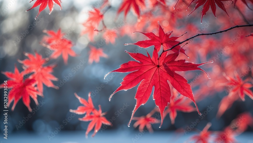 Poster red maple leaves on a branch with blurred background showcasing autumn colors and delicate droplets 