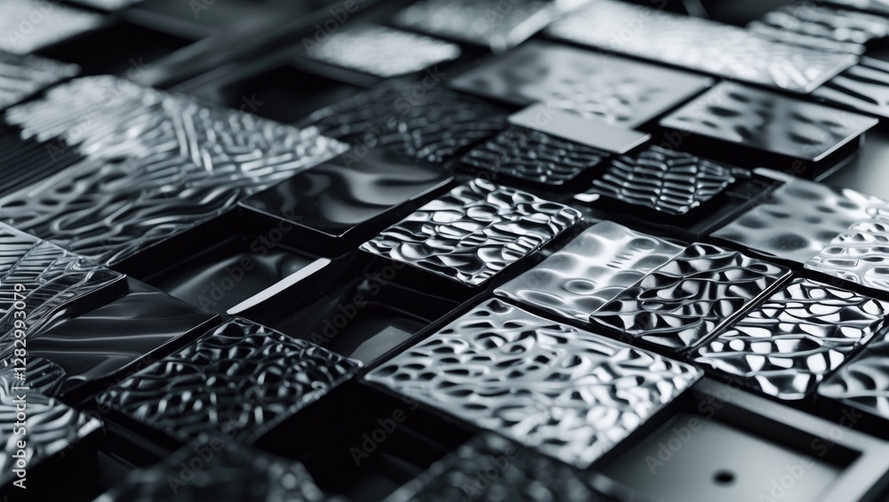 Poster close-up view of an abstract black and white metal surface featuring intricate textures and patterns