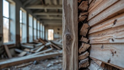 Obraz premium Close-Up of Weathered Wood and Interior Debris in an Abandoned Building