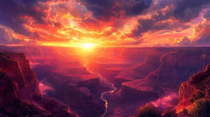 A vivid anime-inspired view of the Grand Canyon, sunrise casting golden rays across dramatic cliffs, vibrant hues of red, orange, and purple blending in the sky,