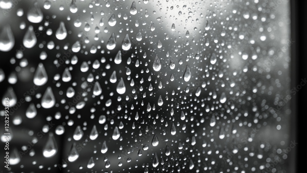 Poster close-up of raindrops on a glass window creating a blurred background effect in black and white styl
