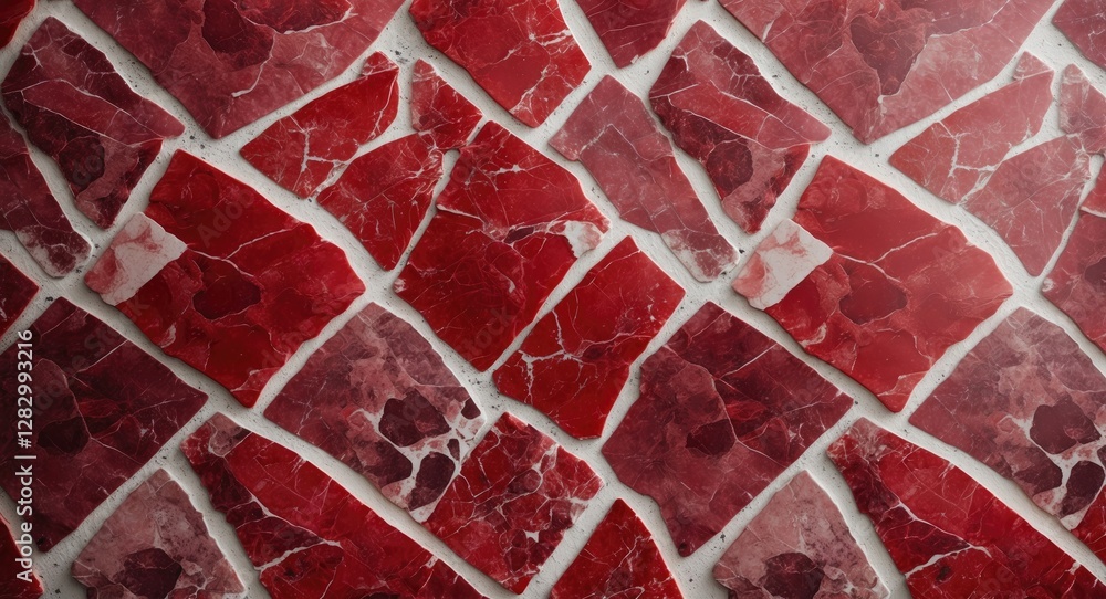 Poster red marble texture background with irregular geometric stone shapes arranged in a mosaic pattern.