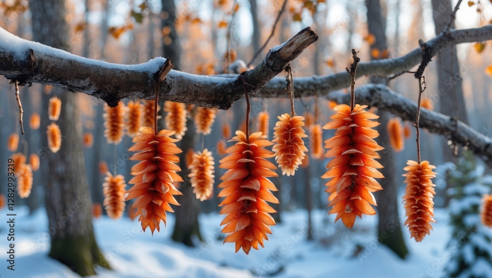 Poster orange pine cones hanging from a tree branch in a snowy forest during winter with blurred background