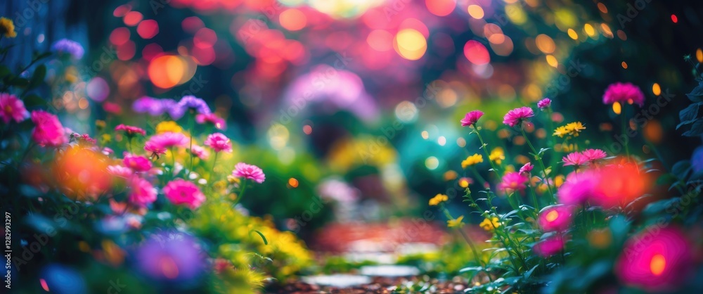Poster garden pathway with vibrant flowers creating an abstract bokeh effect during golden hour in a peacef