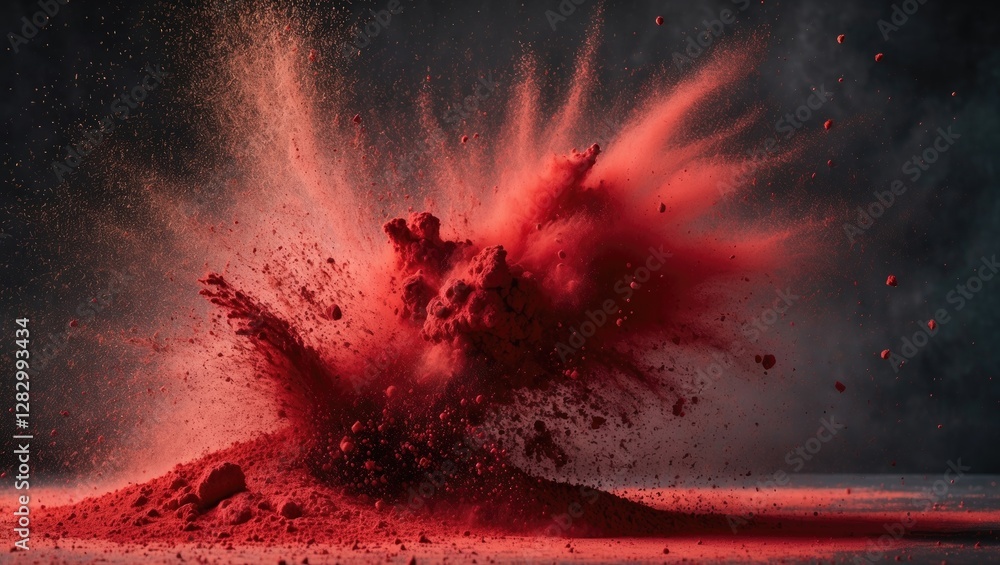 Poster dynamic burst of red powder creating an abstract backdrop showcasing freeze motion and vivid color e