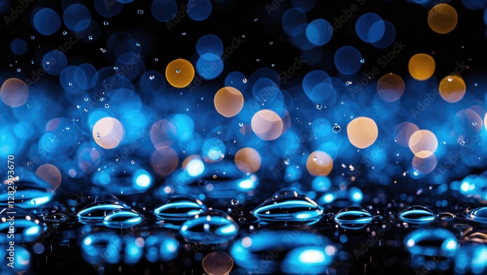 Poster blue and black abstract bokeh lights with water droplets creating a dreamy and vibrant background fo