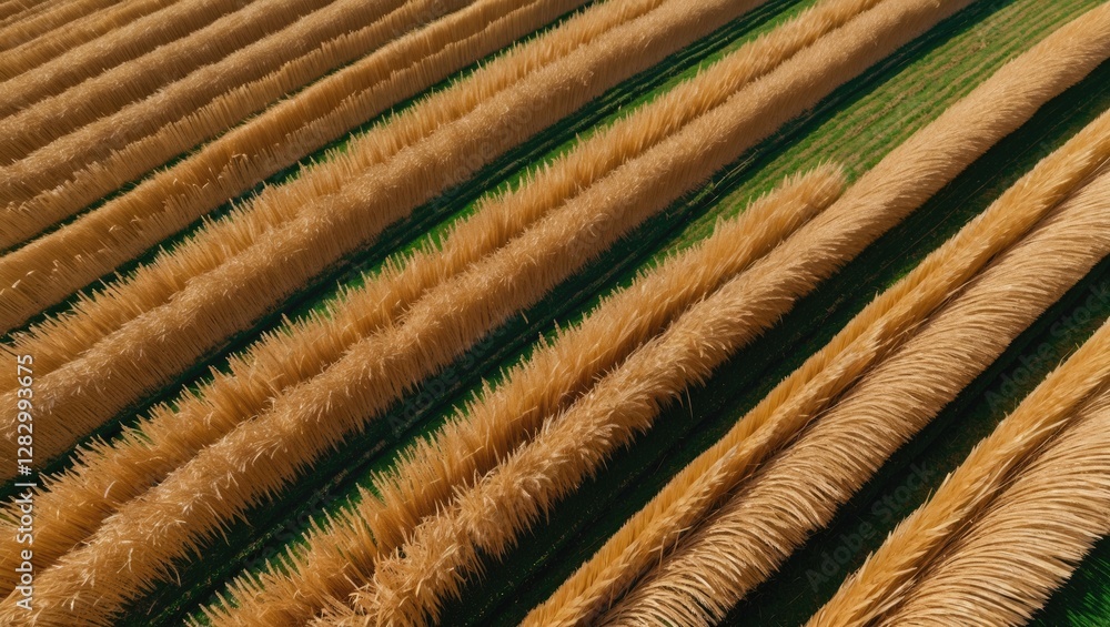 Poster aerial view of golden hay rows in an agricultural field showcasing texture and pattern in crop culti