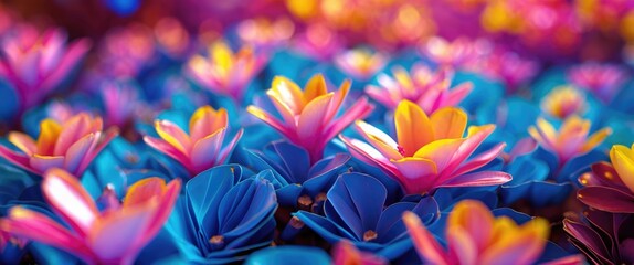 Fototapeta premium Vibrant close-up of colorful paper flowers in shades of pink and blue creating a beautiful, artistic floral arrangement.