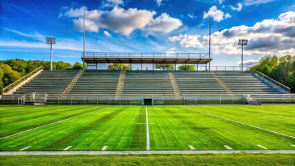 Desolate football field with bleachers in the background, lush green grass