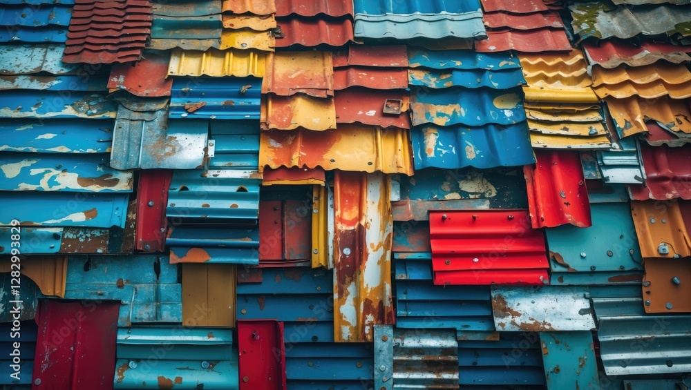 Poster vibrant abstract background of textured and weathered zinc roof sheets showcasing various colors and
