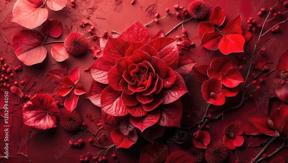 Poster vibrant red floral arrangement with intricate textures and deep hues creating a striking abstract ba