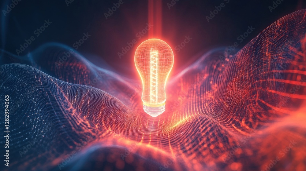 Poster glowing digital lightbulb over abstract wave pattern