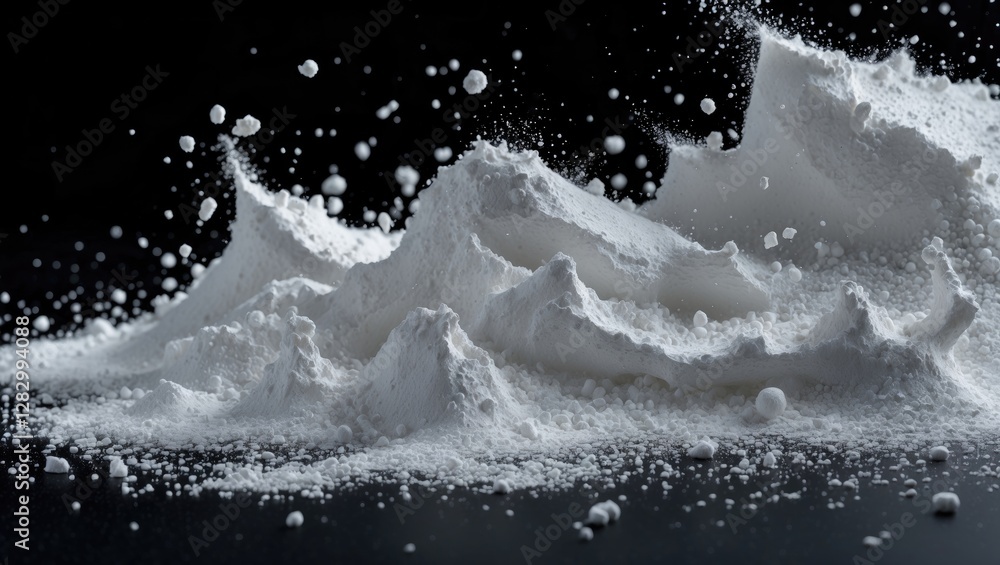 Poster dynamic white powder explosion creating abstract shapes against a black background, showcasing textu