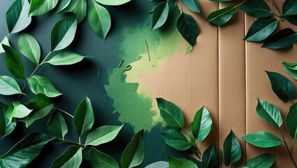 Green gradient paint on eco-friendly cardboard background adorned with fresh leaves, featuring a minimal design and ample negative space.