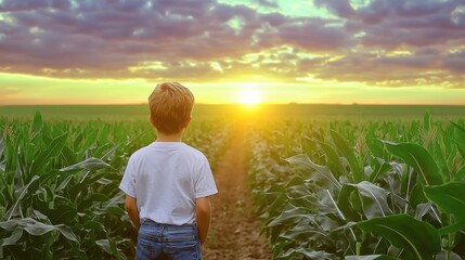 A young boy observing a sunrise over a cornfield nature landscape rural setting reflective viewpoint