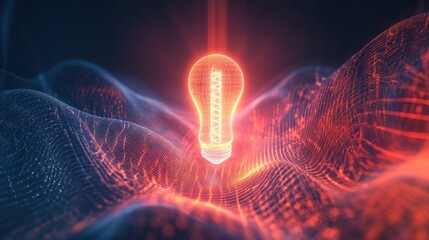 Glowing Digital Lightbulb Over Abstract Wave Pattern