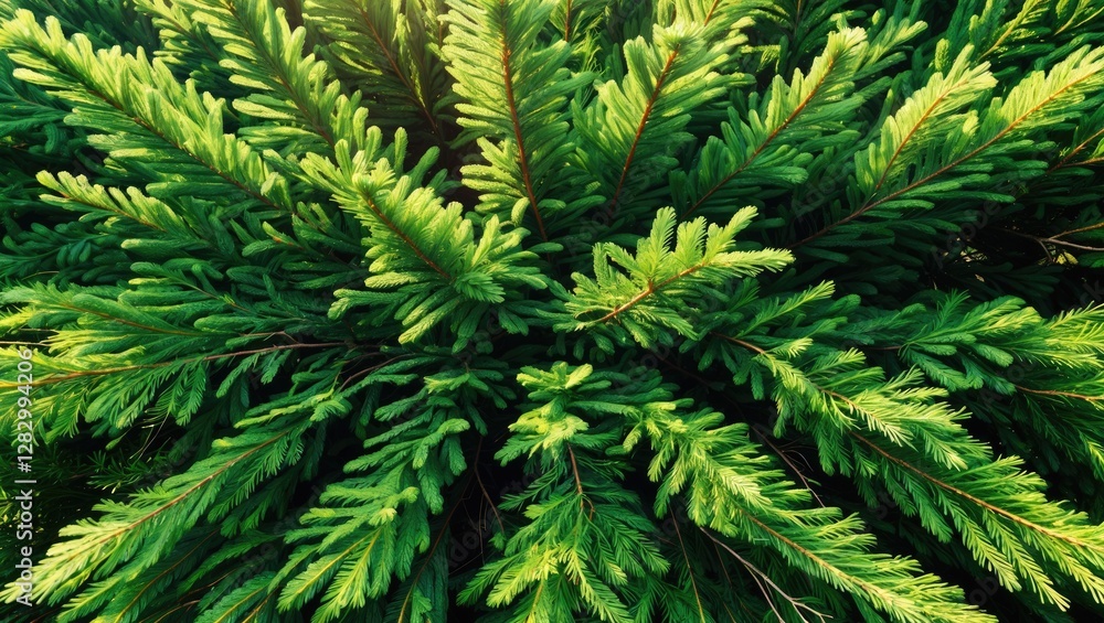 Aufkleber lush green evergreen branches with sunlight creating an abstract background of coniferous foliage in