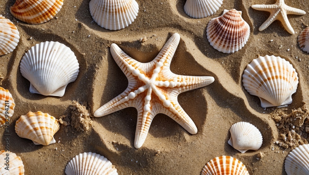 Poster Colorful seashells and a starfish arranged on sandy beach background with natural textures and patterns.
