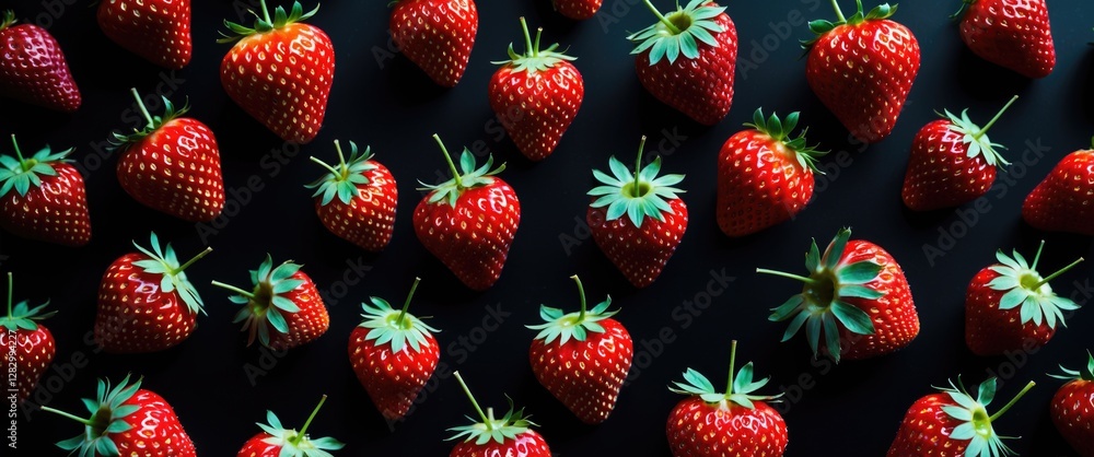 Poster Fresh ripe strawberries arranged on a dark surface creating a vibrant and appealing background texture.