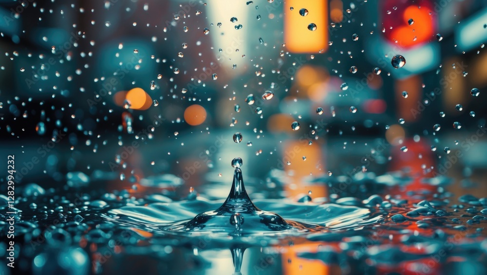 Aufkleber droplets of water creating ripples after rainfall with a blurred urban background showcasing vibrant