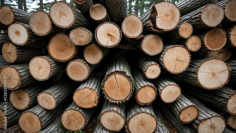 Aufkleber Stacked tree logs showing cross-sections and bark texture in a forest setting with blurred background foliage.