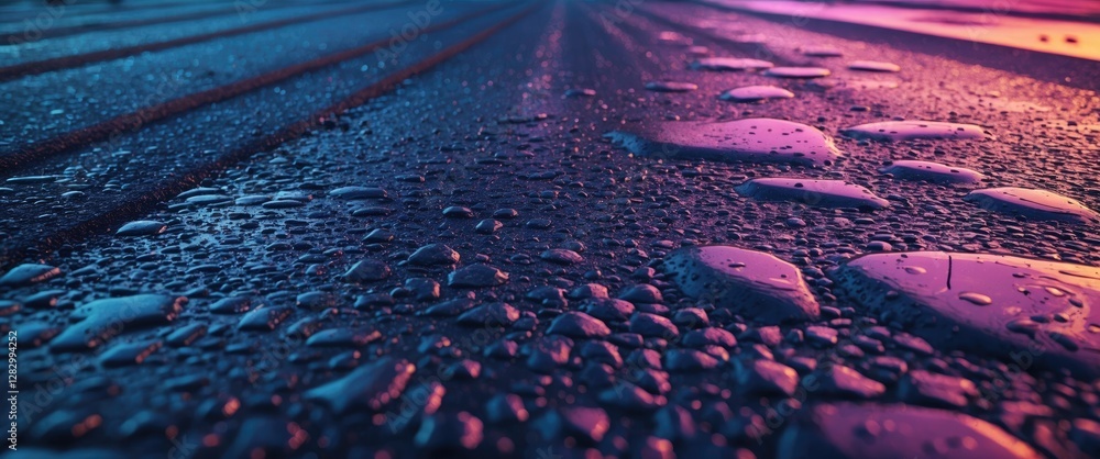 Poster close-up of wet textured surface with droplets reflecting colorful lights in low angle perspective