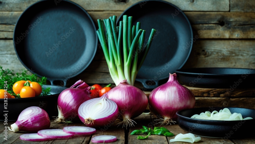 Aufkleber fresh red onions sliced with green onions and cherry tomatoes on wooden table with black frying pans