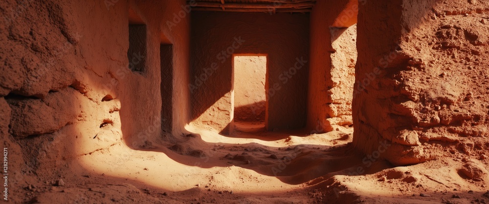 Aufkleber interior view of ancient building with clay walls and sandy floor illuminated by sunlight in desert 