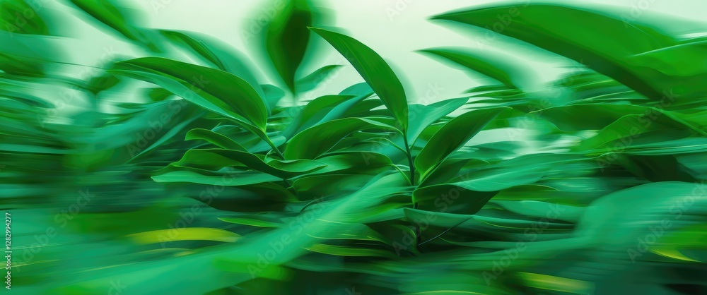 Poster dynamic motion blur of lush green leaves creating an abstract background with harmonious green tones