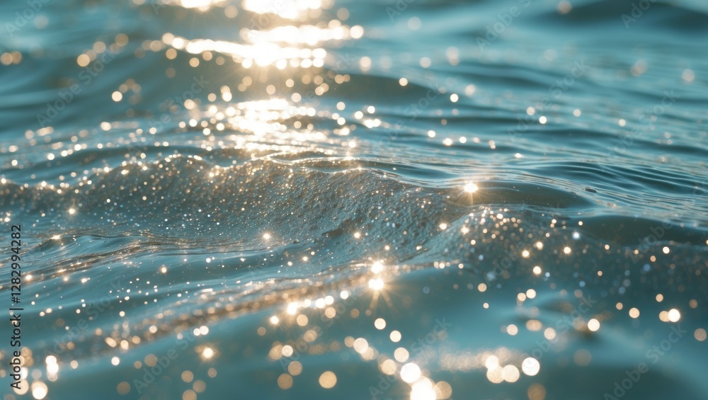 Aufkleber Shimmering water surface with sunlight reflections creating a sparkling effect on waves in a tranquil ocean setting
