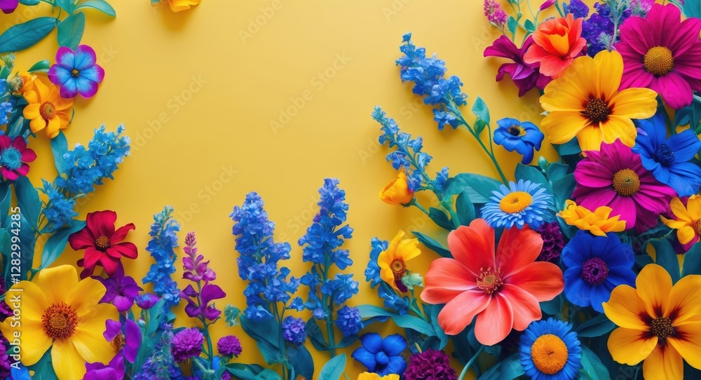 Poster vibrant floral arrangement on yellow background with ample copy space for text and design elements i