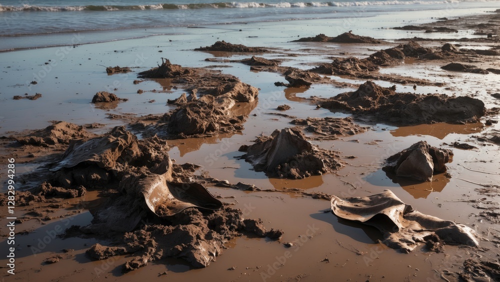 Poster beached marine life remnants on sandy shore during low tide under soft sunlight wave patterns in bac
