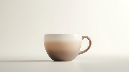 A white and brown coffee cup sits on a white table